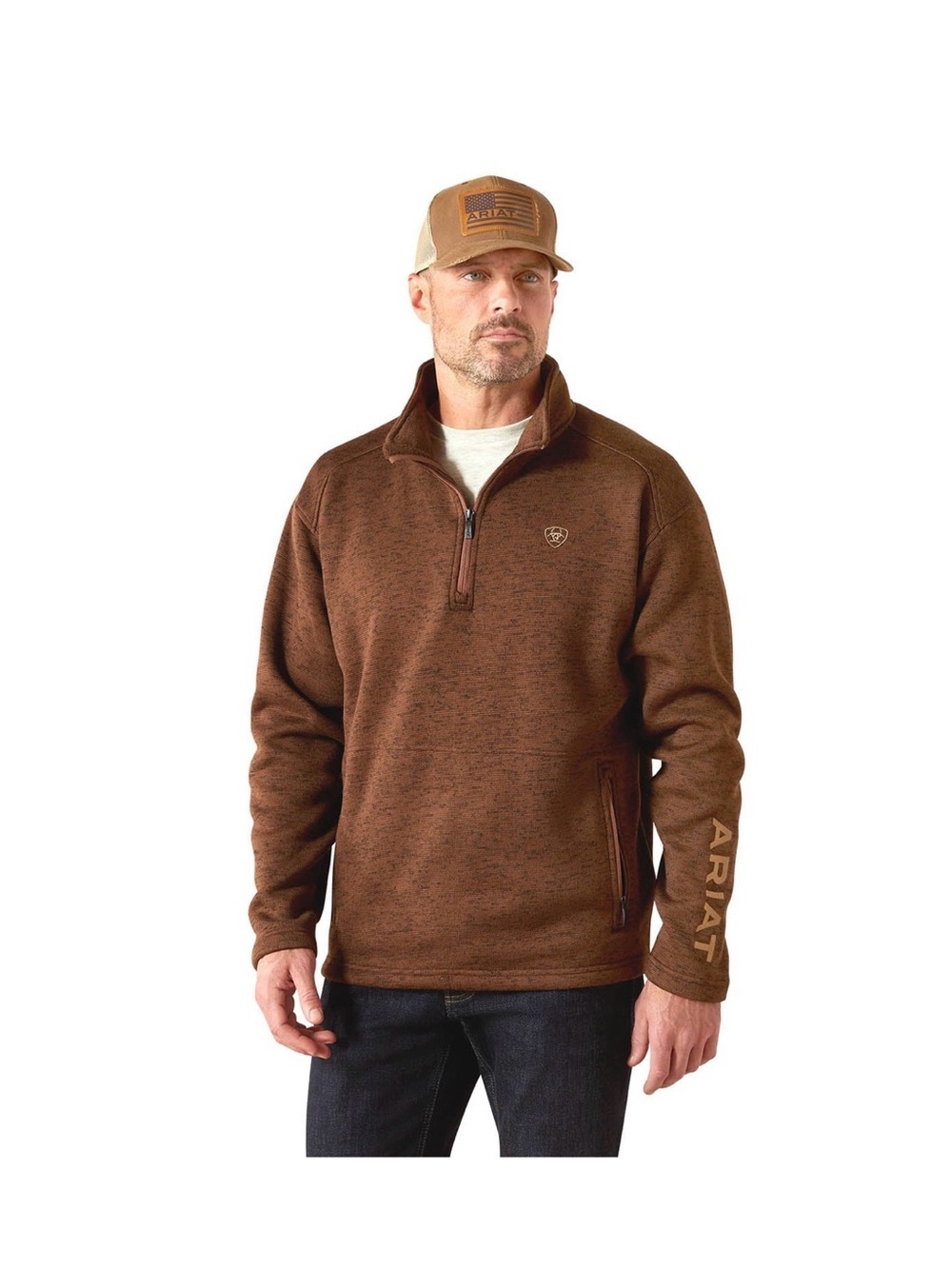 Ariat Men’s Caldwell 1/4 Zip Pullover Sweater Fleece Brown Heather Small EUC